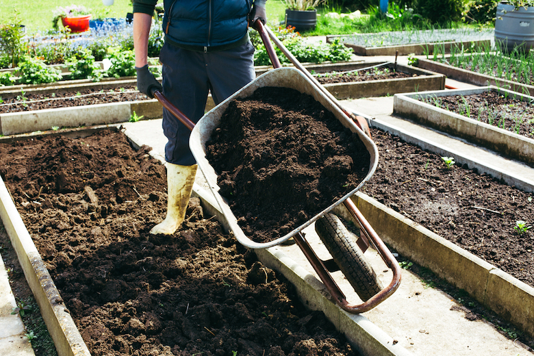 Jardinier avec du compost dans une brouette